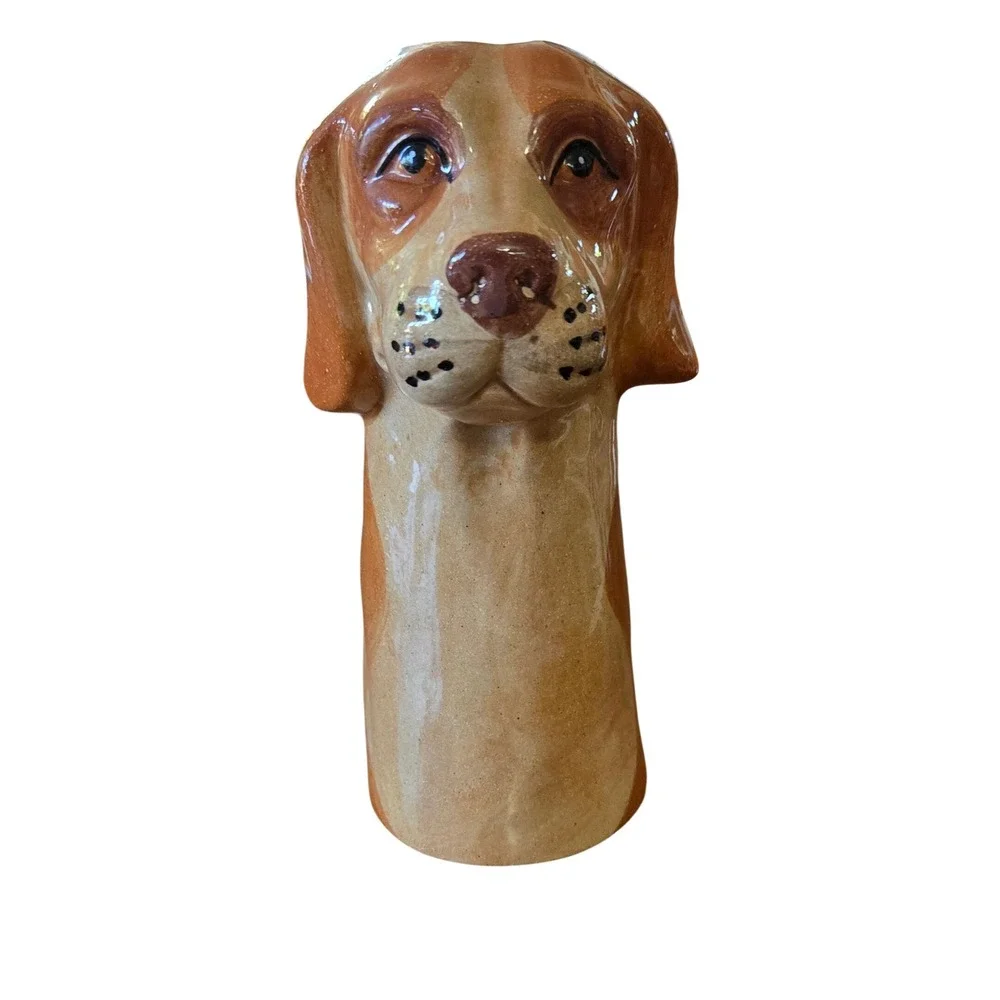 Kitschy Ceramic Hound Dog Bud Vase Hand Painted Glossy Glaze Brown Tan 7 Inch